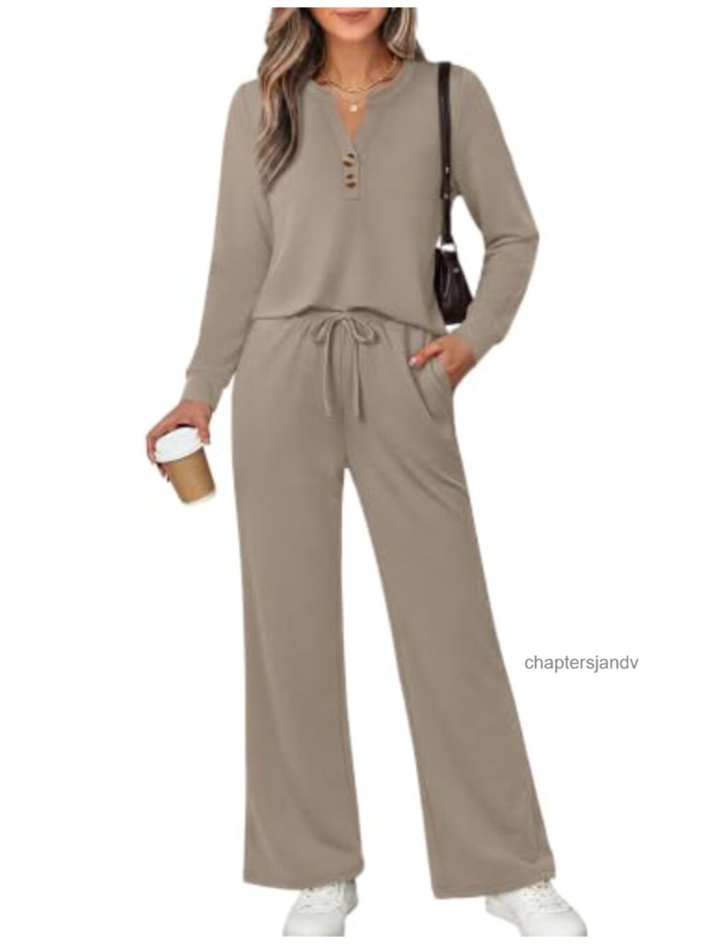 WIHOLL Two Piece Lounge Set Women Notched V-Neck Wide Leg Pants Travel
